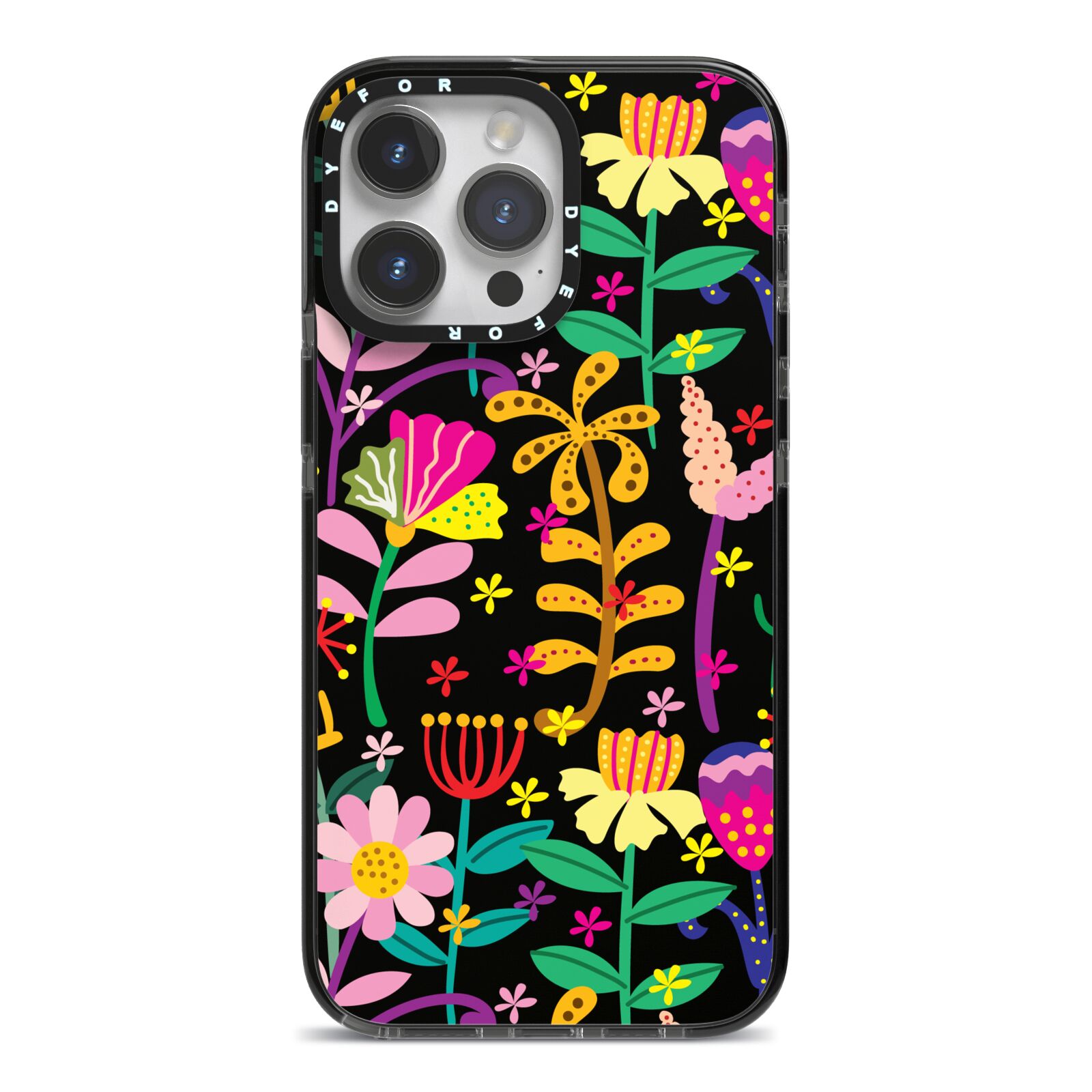 Colourful Flowery iPhone 14 Pro Max Black Impact Case on Silver phone