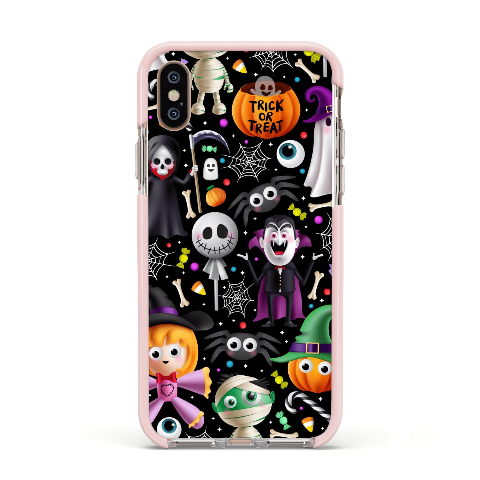 Colourful Halloween Apple iPhone Xs Impact Case Pink Edge on Gold Phone