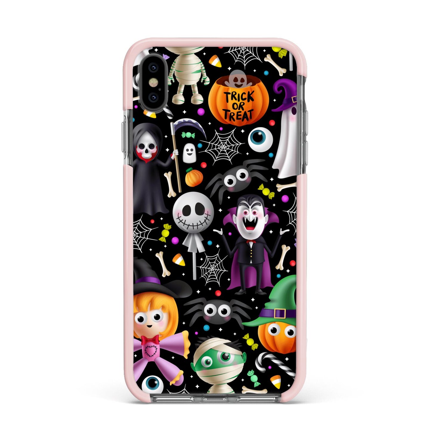 Colourful Halloween Apple iPhone Xs Max Impact Case Pink Edge on Black Phone