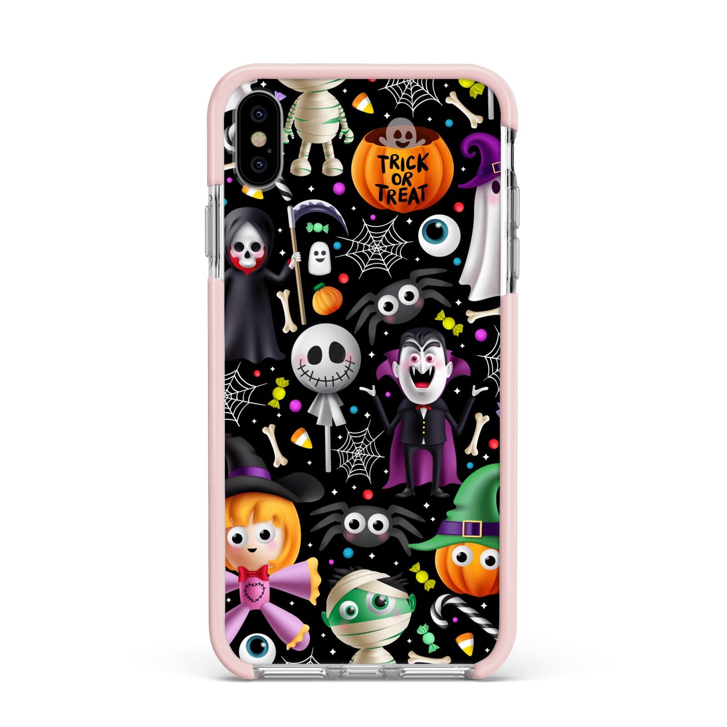 Colourful Halloween Apple iPhone Xs Max Impact Case Pink Edge on Silver Phone