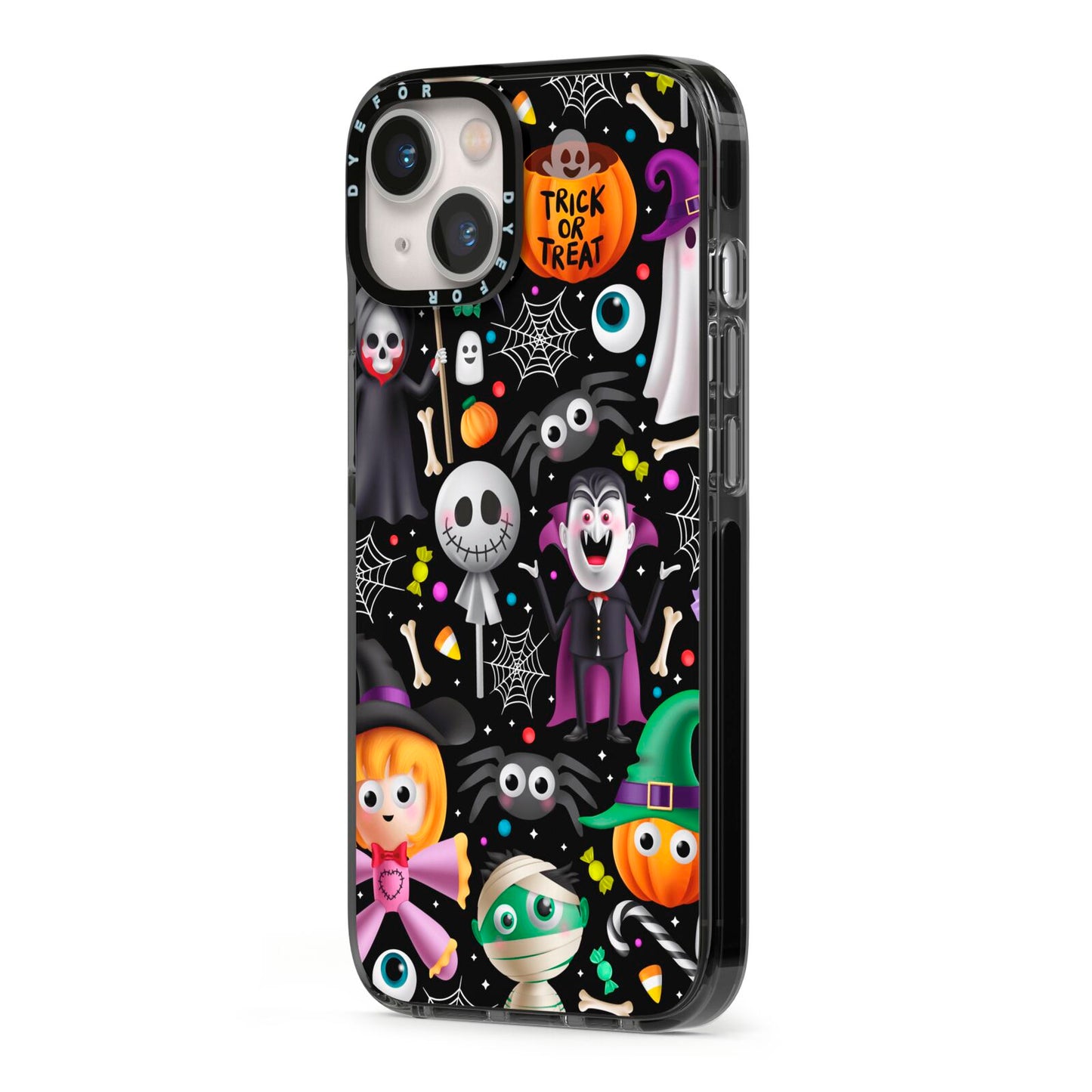 Colourful Halloween iPhone 13 Black Impact Case Side Angle on Silver phone