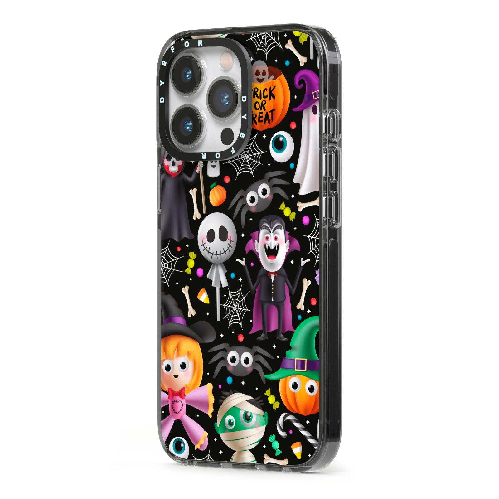 Colourful Halloween iPhone 13 Pro Black Impact Case Side Angle on Silver phone