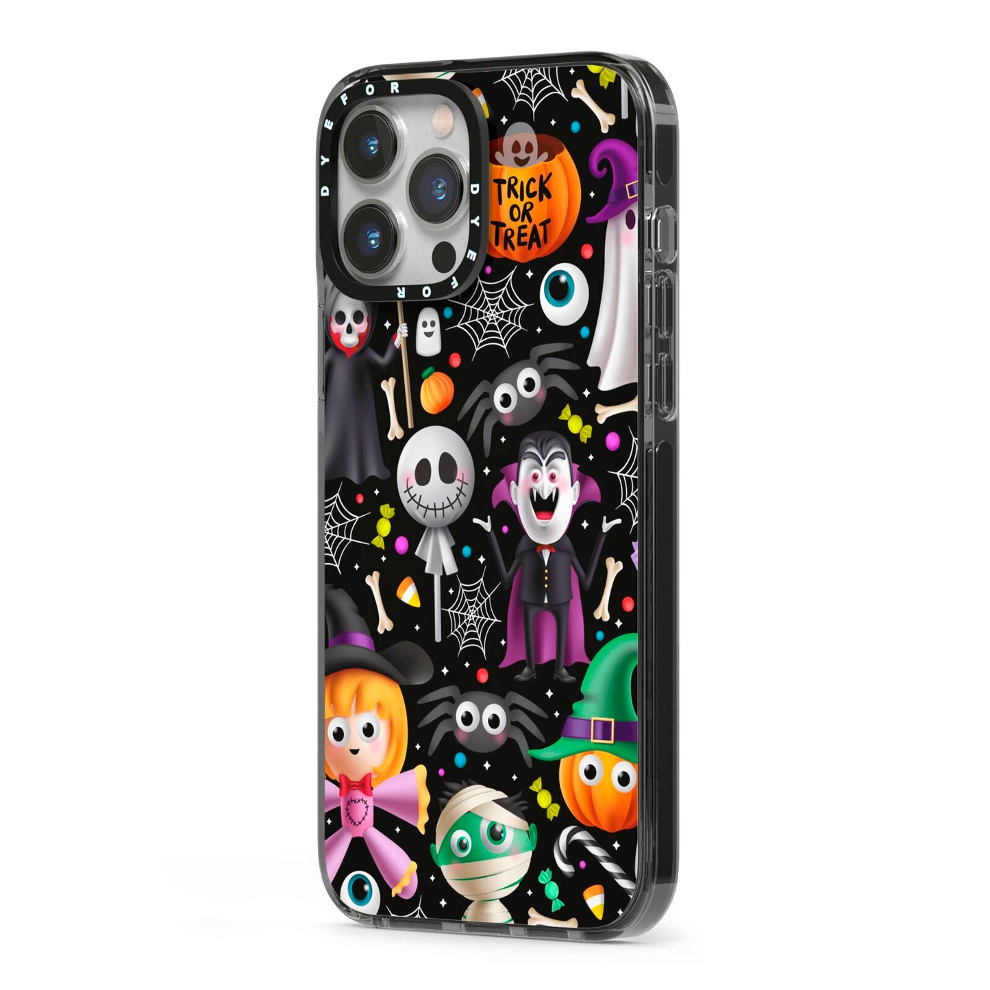 Colourful Halloween iPhone 13 Pro Max Black Impact Case Side Angle on Silver phone