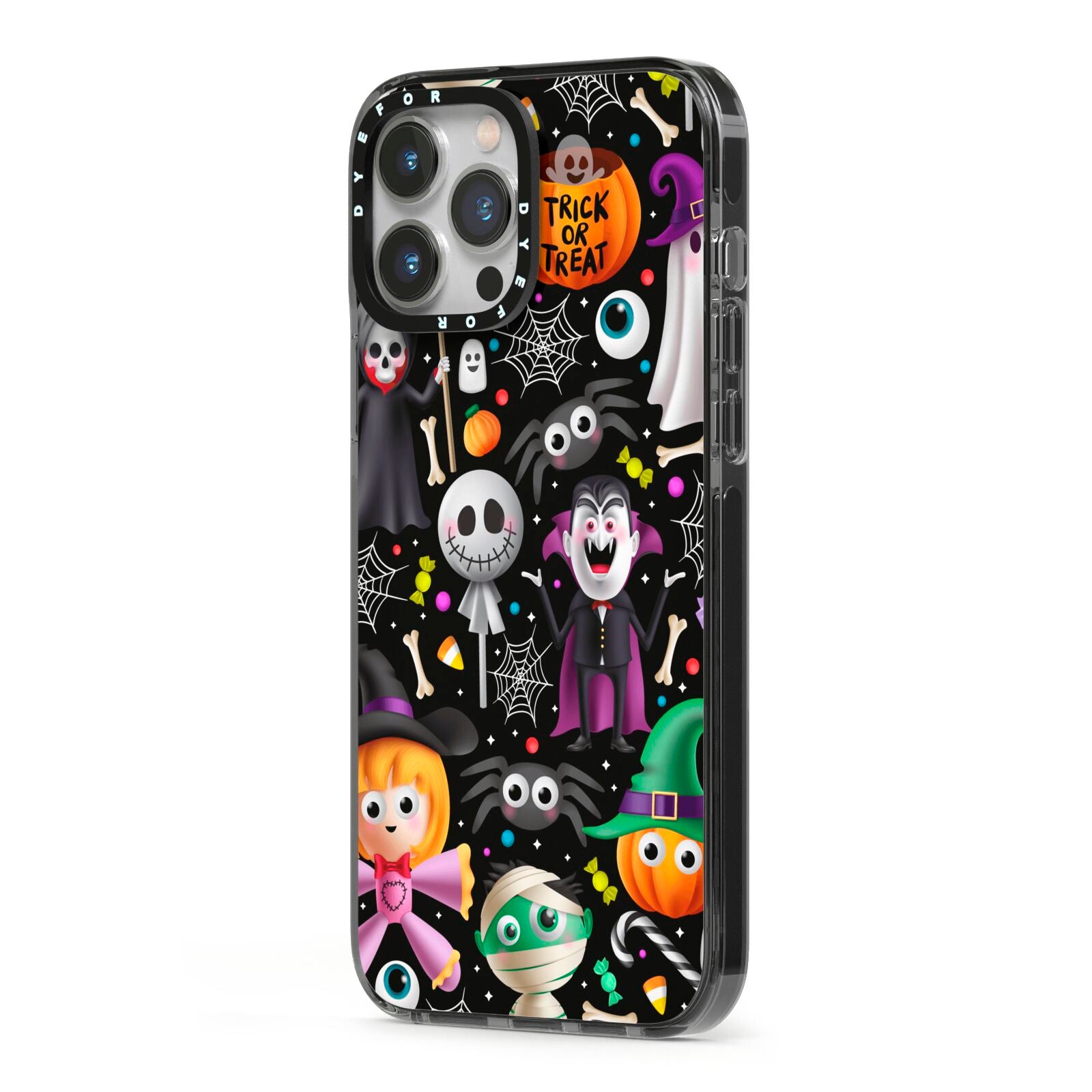 Colourful Halloween iPhone 13 Pro Max Black Impact Case Side Angle on Silver phone