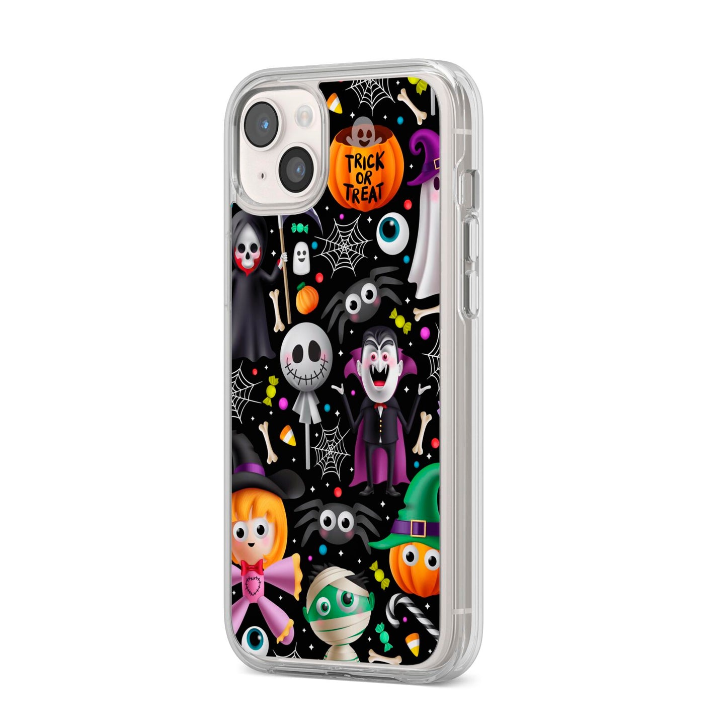 Colourful Halloween iPhone 14 Plus Clear Tough Case Starlight Angled Image