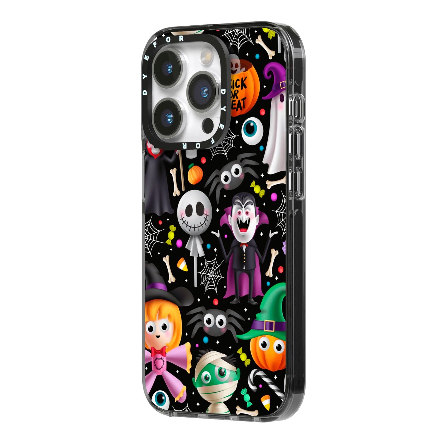 Colourful Halloween iPhone 14 Pro Black Impact Case Side Angle on Silver phone