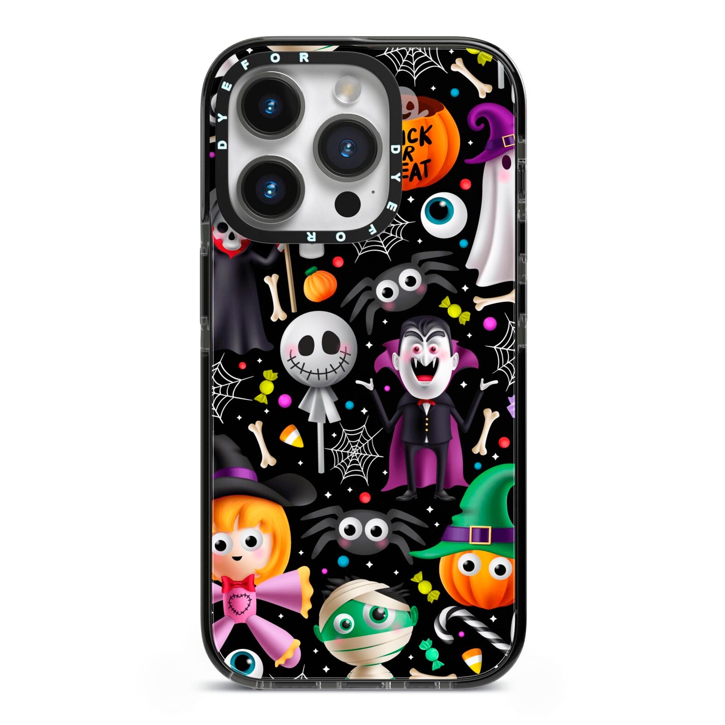 Colourful Halloween iPhone 14 Pro Black Impact Case on Silver phone