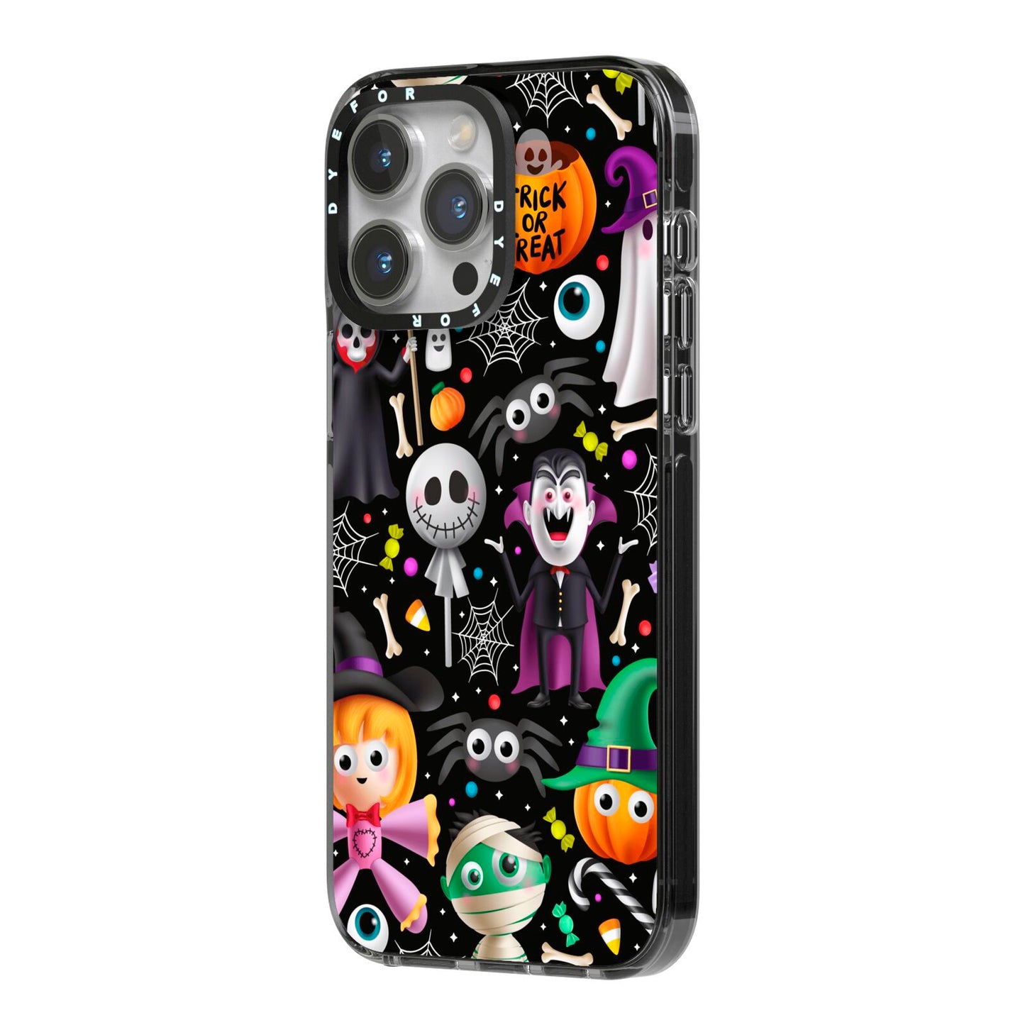 Colourful Halloween iPhone 14 Pro Max Black Impact Case Side Angle on Silver phone