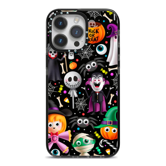 Colourful Halloween iPhone 14 Pro Max Black Impact Case on Silver phone