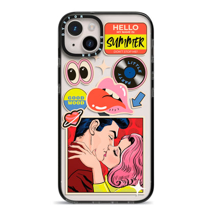 Comic Sticker iPhone 14 Plus Black Impact Case on Silver phone