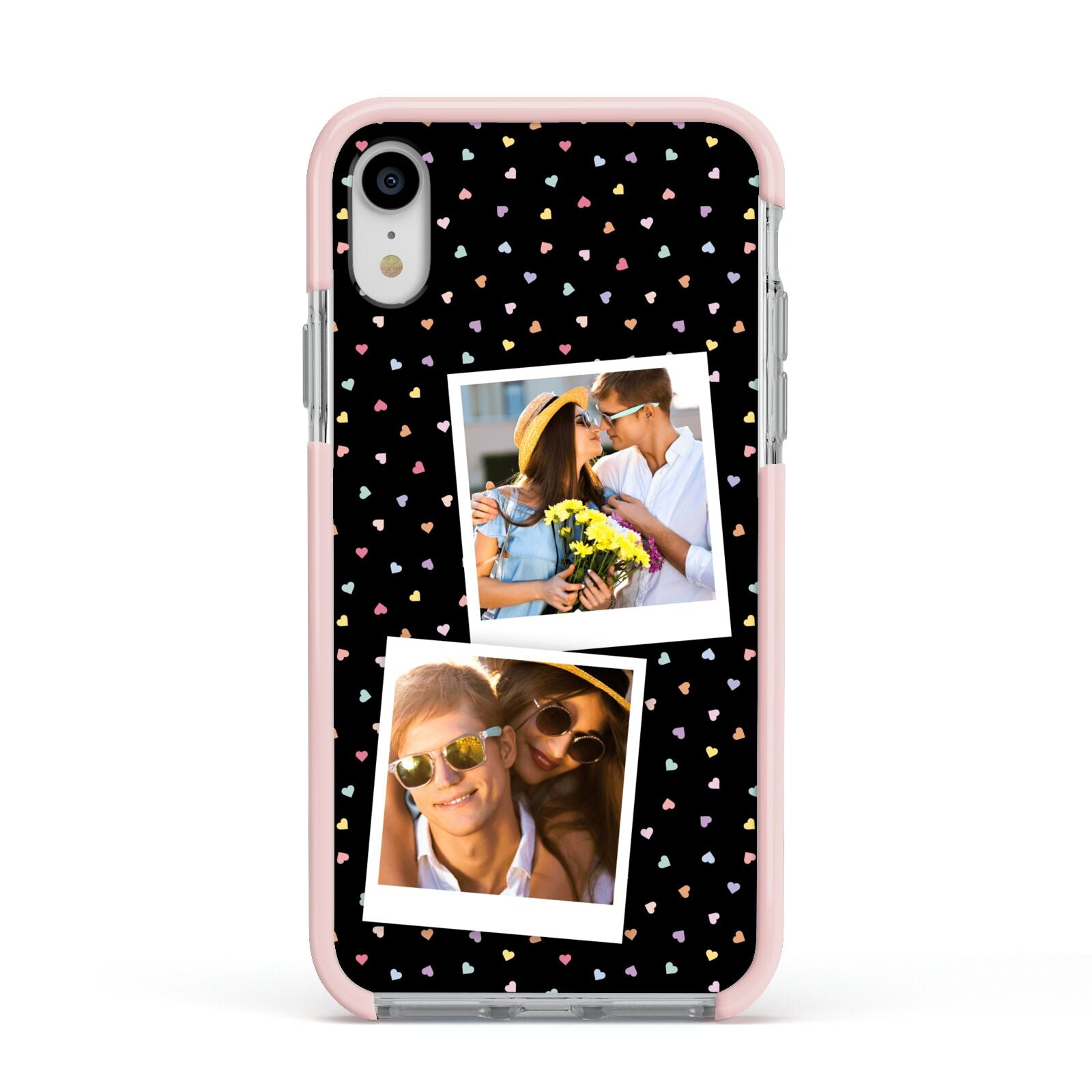 Confetti Heart Photo Apple iPhone XR Impact Case Pink Edge on Silver Phone