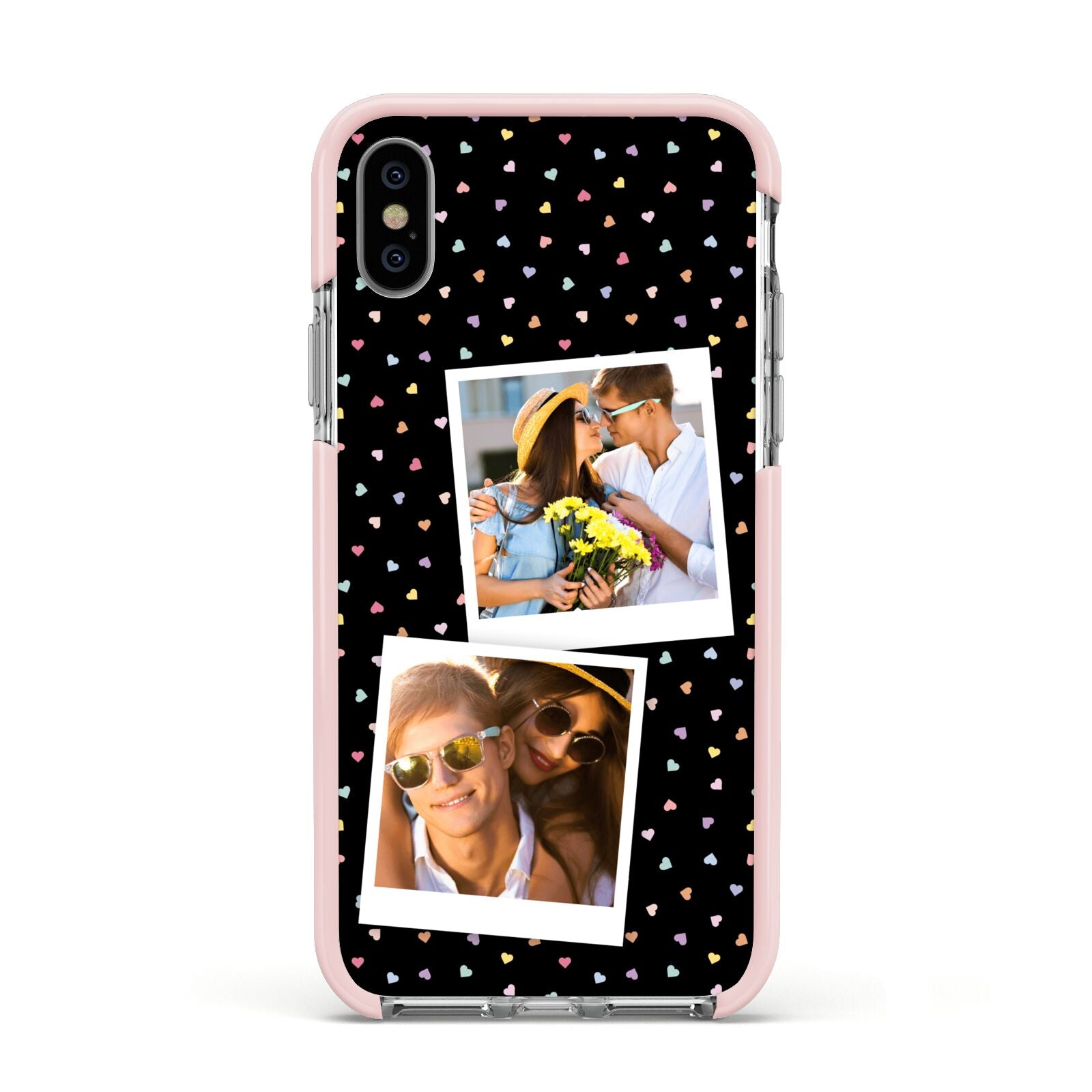 Confetti Heart Photo Apple iPhone Xs Impact Case Pink Edge on Silver Phone