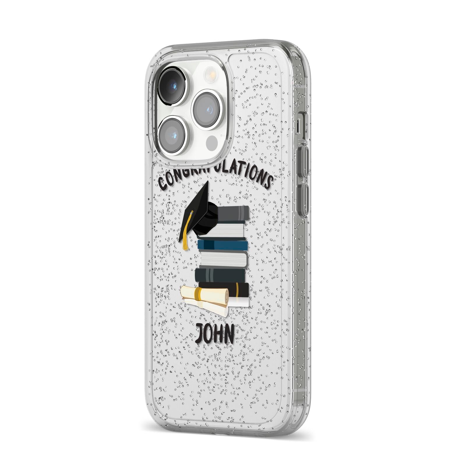 Congratulations Graduate iPhone 14 Pro Glitter Tough Case Silver Angled Image