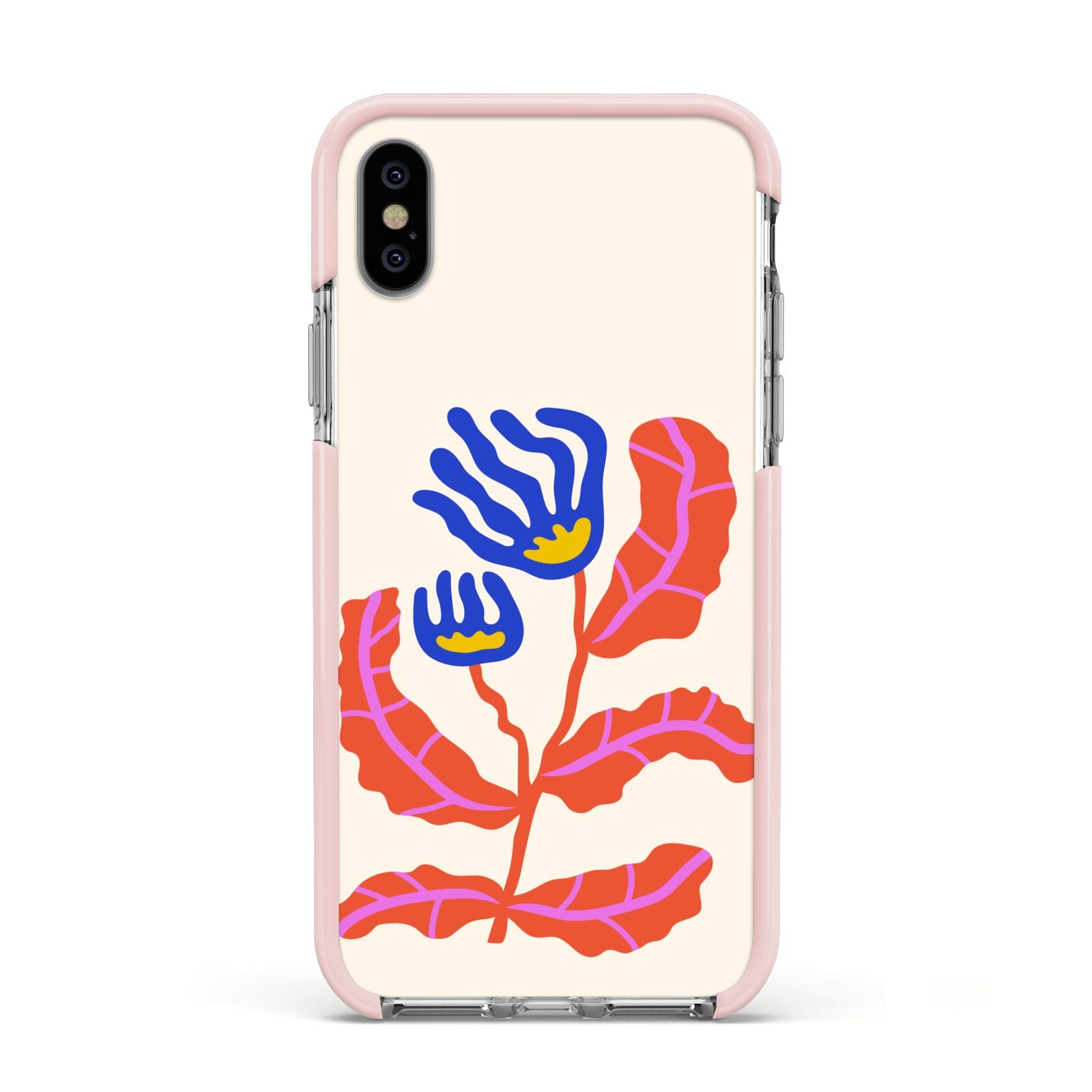 Contemporary Floral Apple iPhone Xs Impact Case Pink Edge on Silver Phone