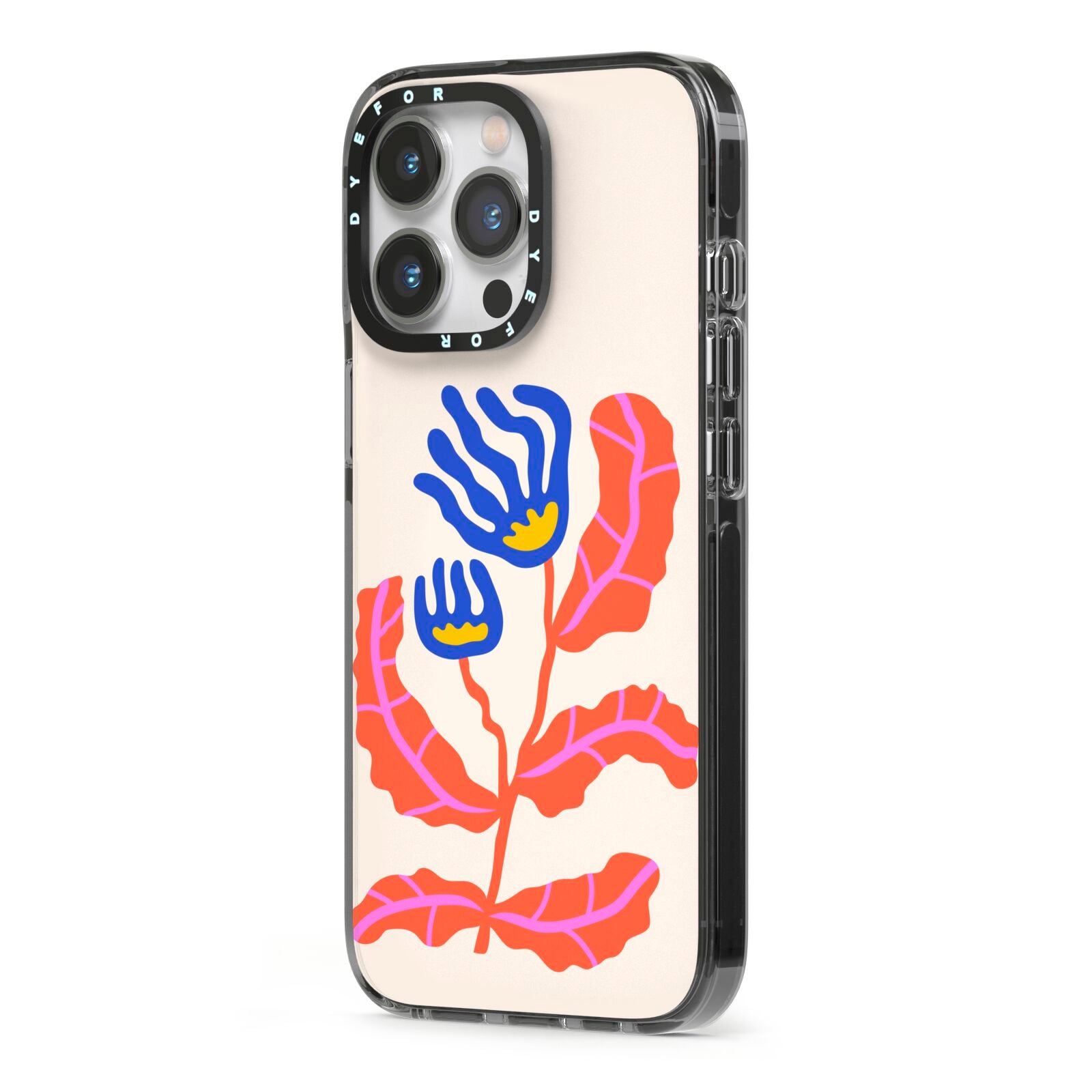 Contemporary Floral iPhone 13 Pro Black Impact Case Side Angle on Silver phone