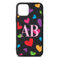 Contrast Initials Heart Print Black Pebble Leather iPhone 11 Case