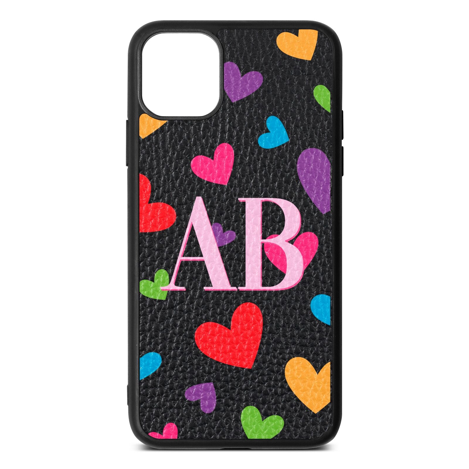 Contrast Initials Heart Print Black Pebble Leather iPhone 11 Pro Max Case