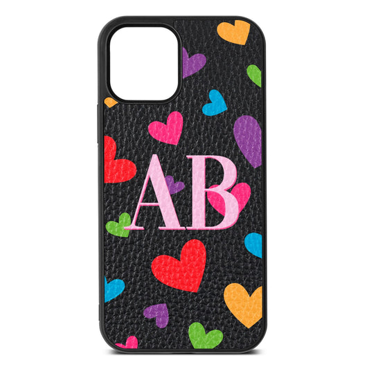 Contrast Initials Heart Print Black Pebble Leather iPhone 12 Case
