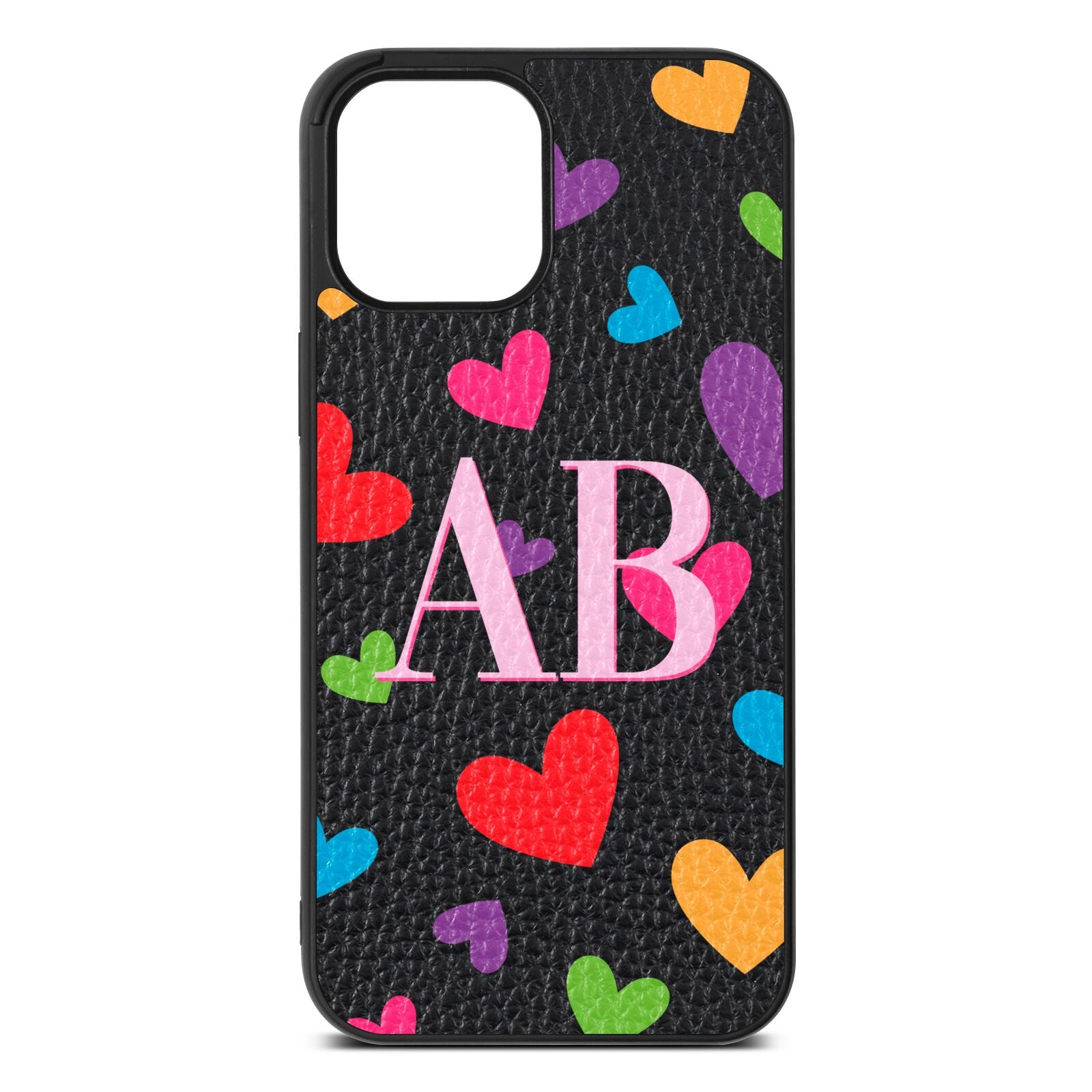 Contrast Initials Heart Print Black Pebble Leather iPhone 12 Pro Max Case