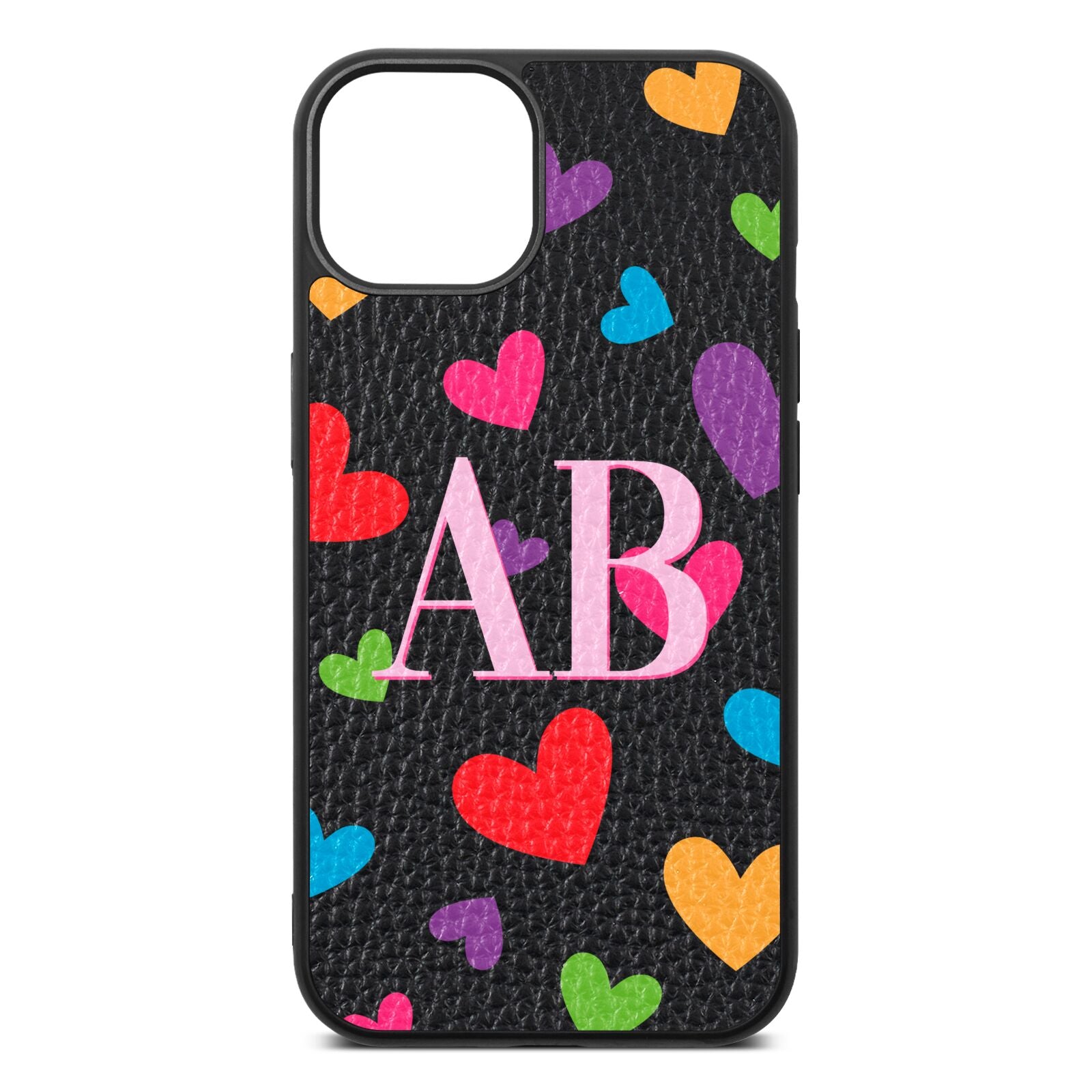 Contrast Initials Heart Print Black Pebble Leather iPhone 13 Case