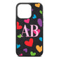 Contrast Initials Heart Print Black Pebble Leather iPhone 13 Pro Case