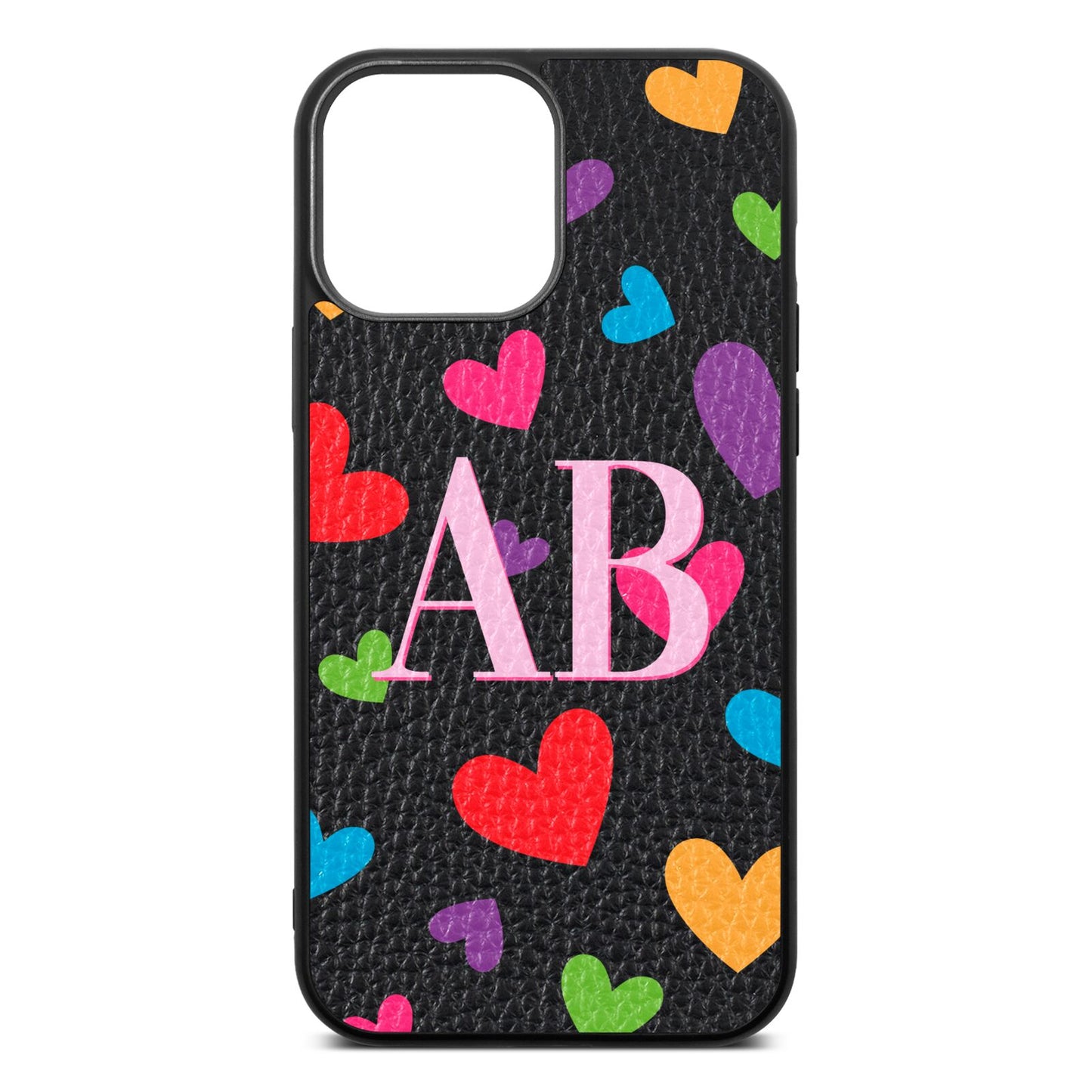 Contrast Initials Heart Print Black Pebble Leather iPhone 13 Pro Max Case