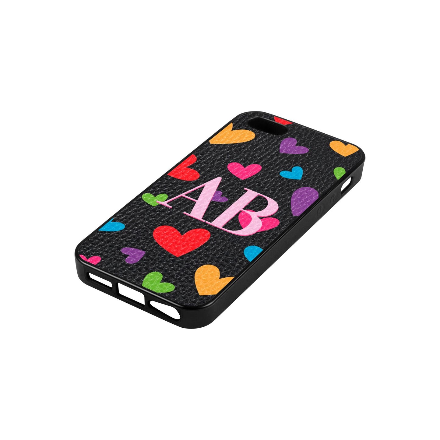 Contrast Initials Heart Print Black Pebble Leather iPhone 5 Case Side Angle