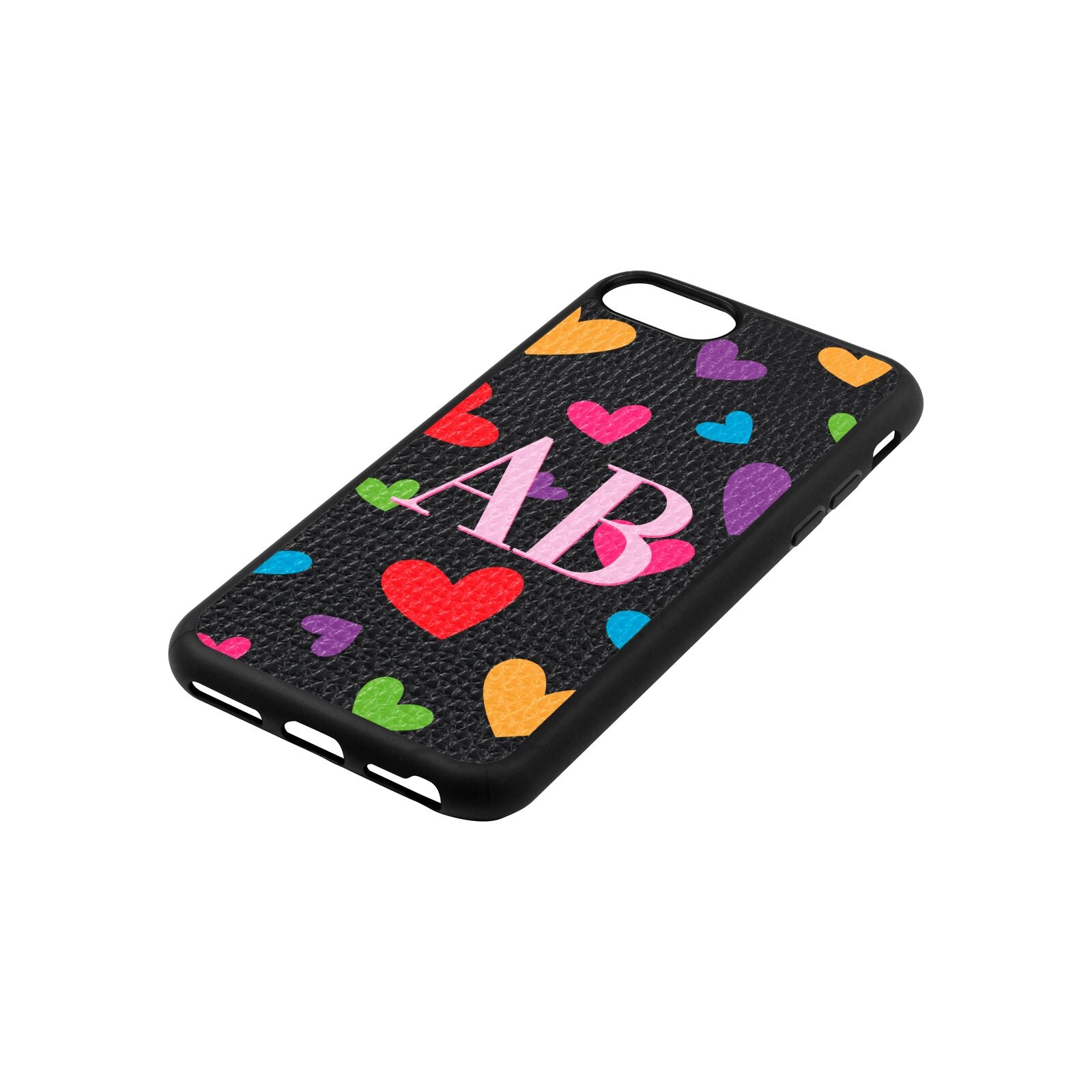 Contrast Initials Heart Print Black Pebble Leather iPhone 8 Case Side Angle