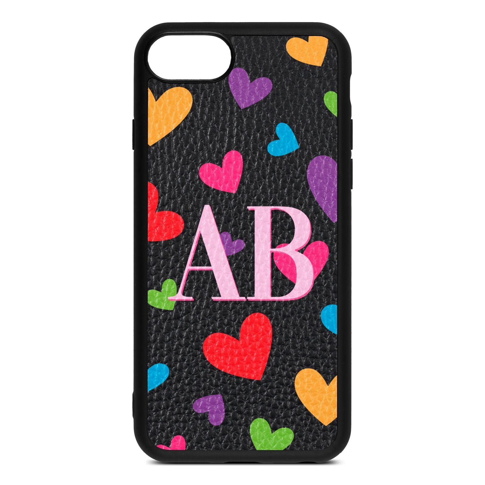 Contrast Initials Heart Print Black Pebble Leather iPhone 8 Case
