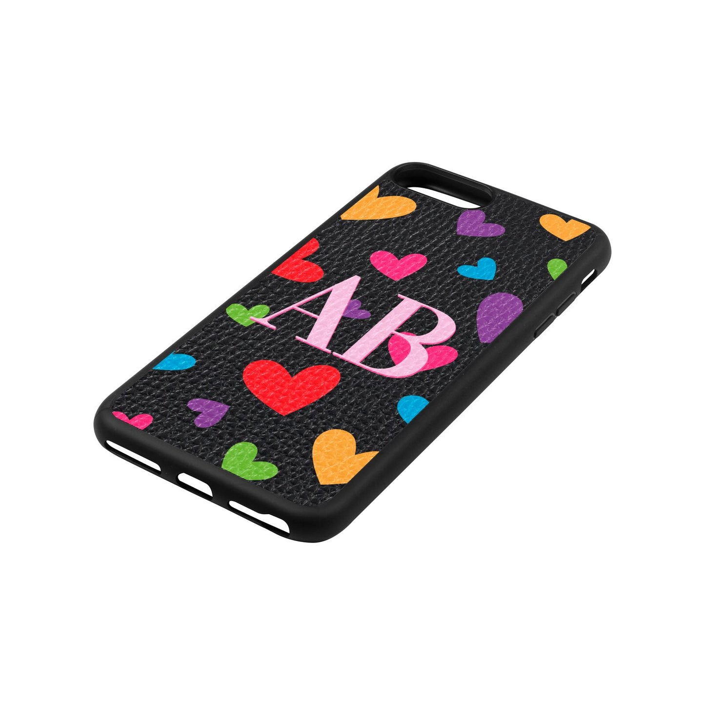 Contrast Initials Heart Print Black Pebble Leather iPhone 8 Plus Case Side Angle