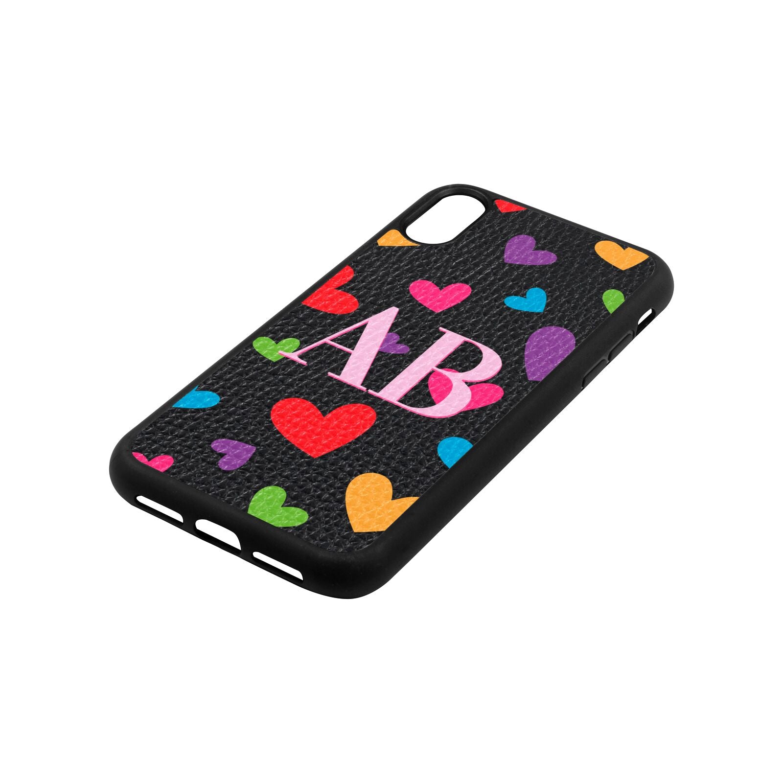 Contrast Initials Heart Print Black Pebble Leather iPhone Xr Case Side Angle