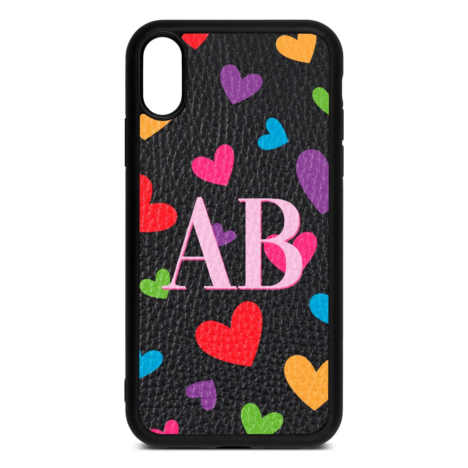 Contrast Initials Heart Print Black Pebble Leather iPhone Xr Case