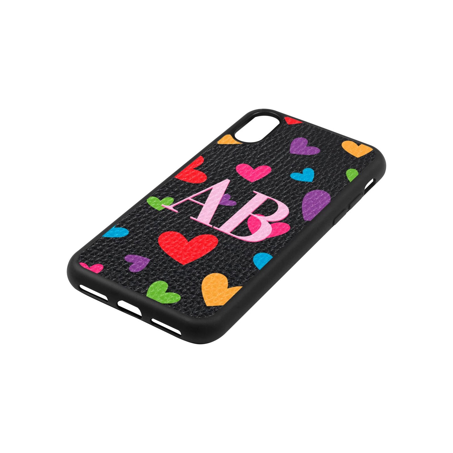Contrast Initials Heart Print Black Pebble Leather iPhone Xs Case Side Angle