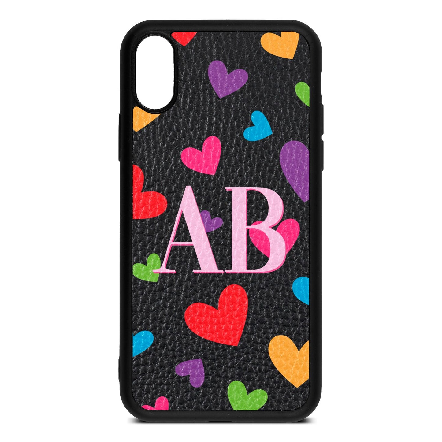 Contrast Initials Heart Print Black Pebble Leather iPhone Xs Case
