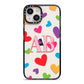 Contrast Initials Heart Print iPhone 14 Black Impact Case on Silver phone