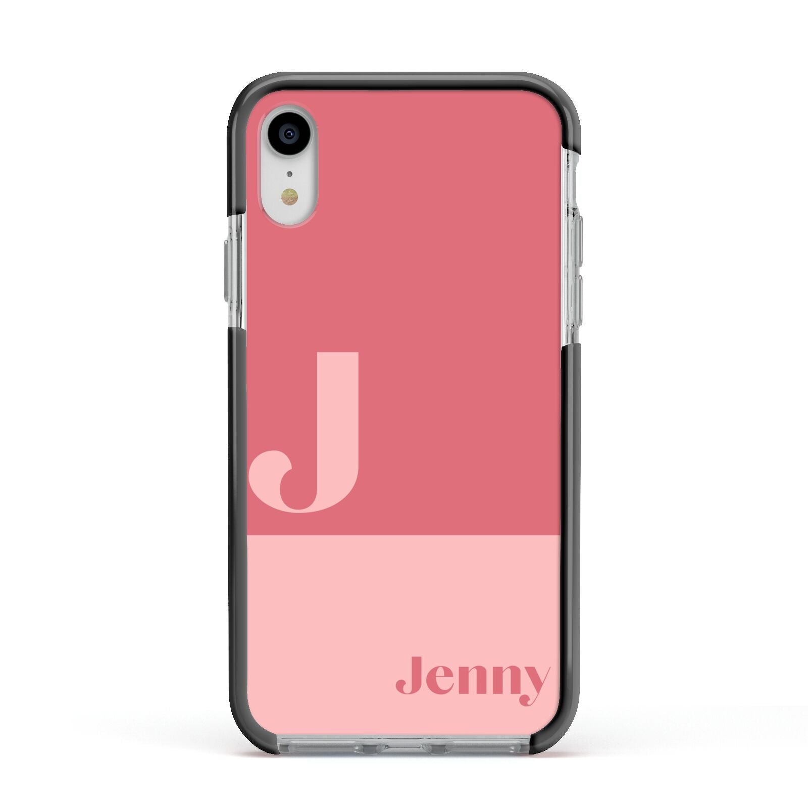 Contrast Personalised Pink Apple iPhone XR Impact Case Black Edge on Silver Phone