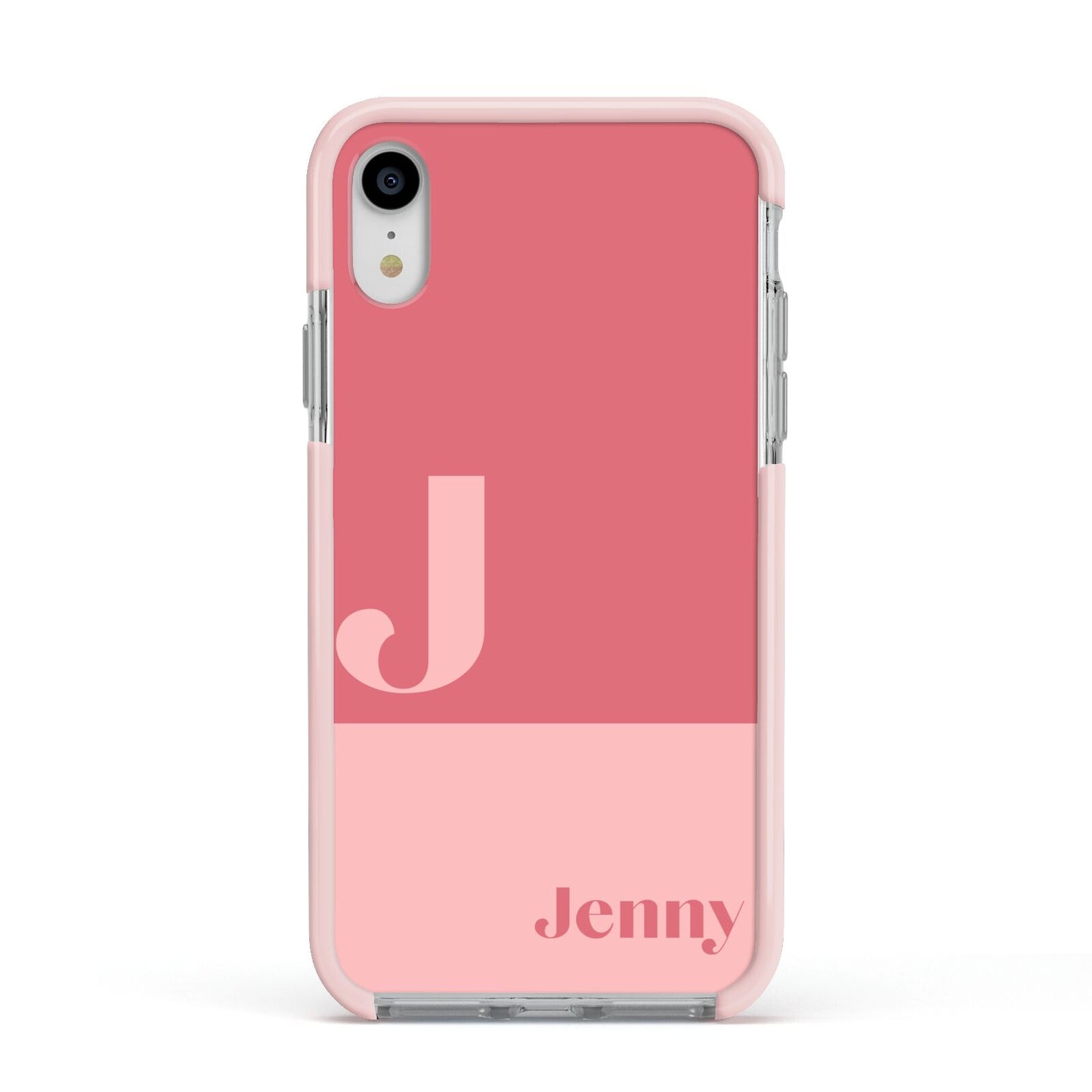 Contrast Personalised Pink Apple iPhone XR Impact Case Pink Edge on Silver Phone