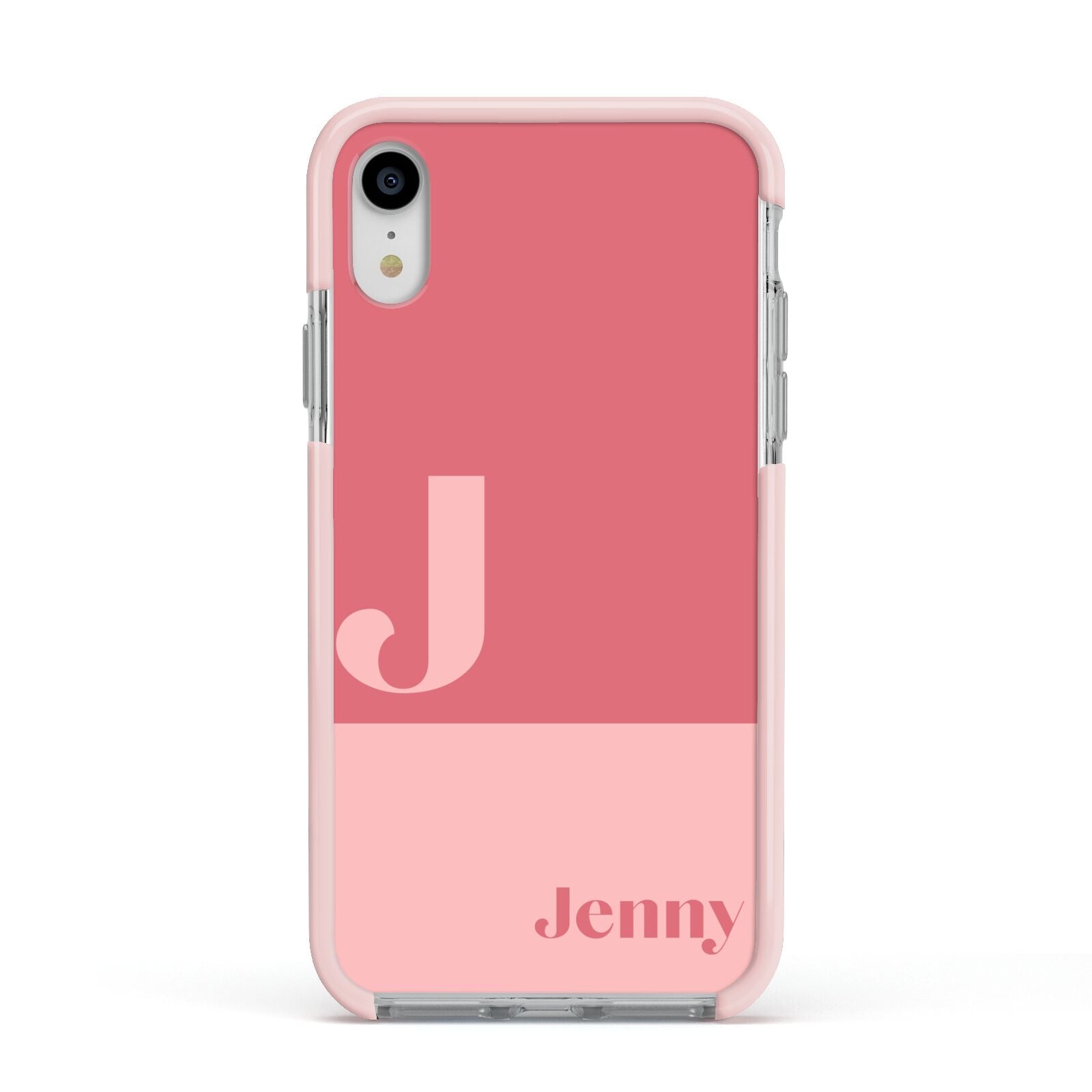 Contrast Personalised Pink Apple iPhone XR Impact Case Pink Edge on Silver Phone