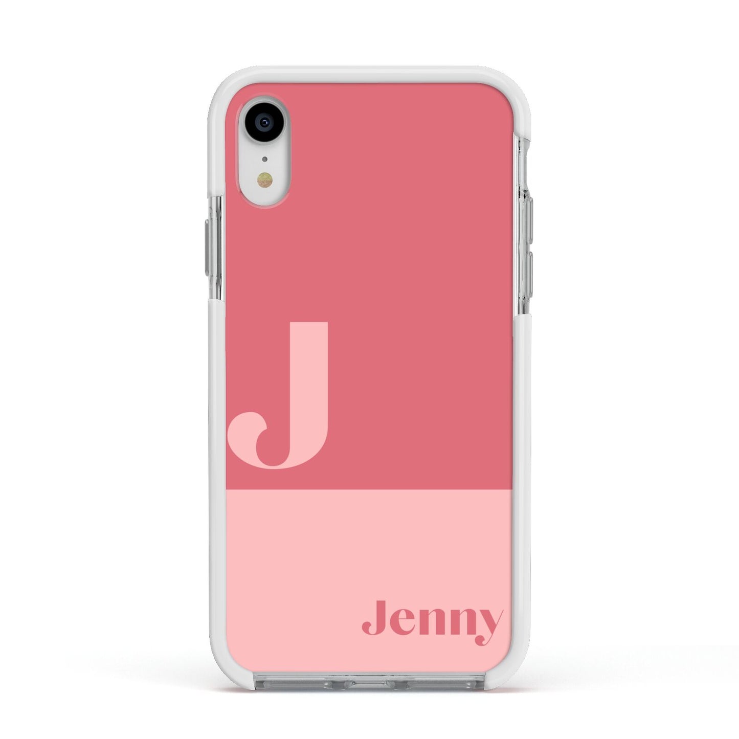 Contrast Personalised Pink Apple iPhone XR Impact Case White Edge on Silver Phone