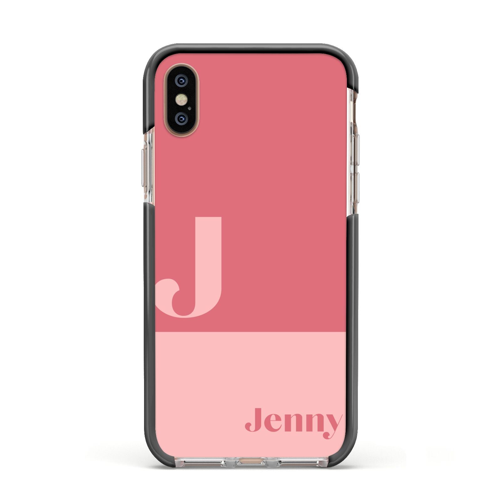 Contrast Personalised Pink Apple iPhone Xs Impact Case Black Edge on Gold Phone