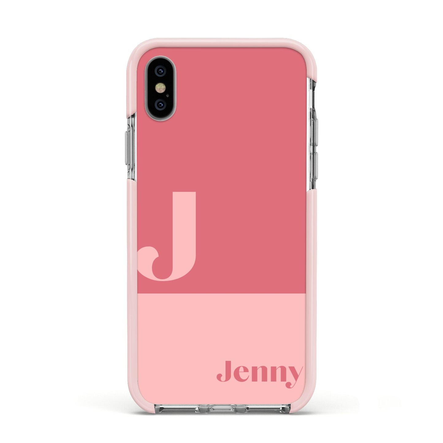 Contrast Personalised Pink Apple iPhone Xs Impact Case Pink Edge on Silver Phone