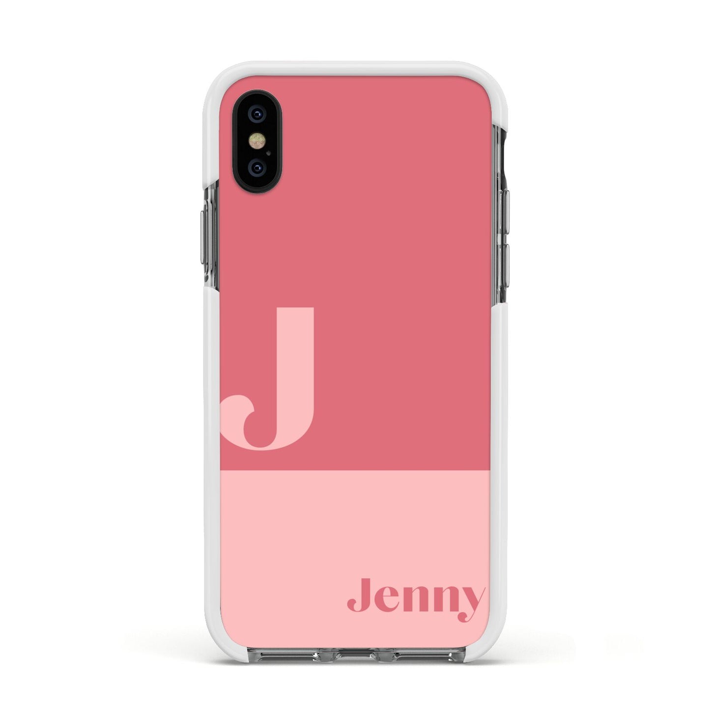 Contrast Personalised Pink Apple iPhone Xs Impact Case White Edge on Black Phone