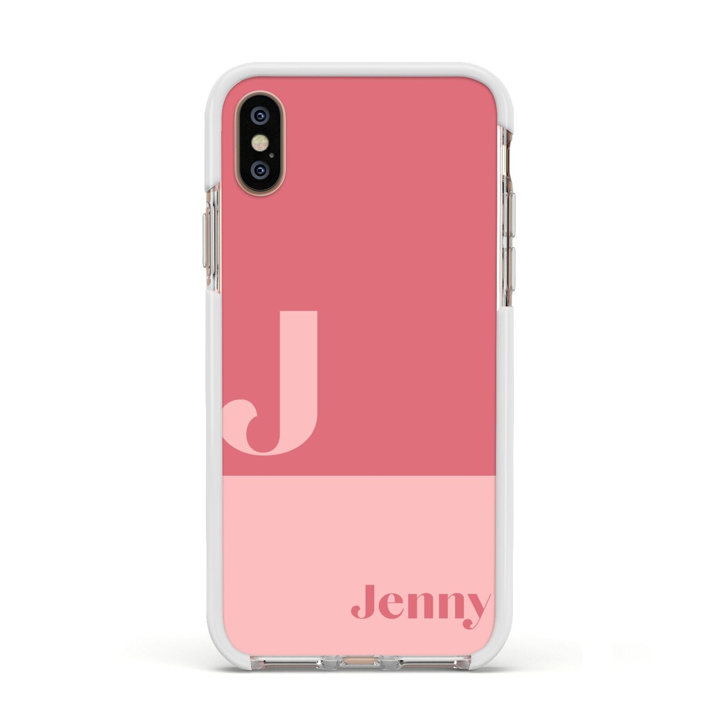 Contrast Personalised Pink Apple iPhone Xs Impact Case White Edge on Gold Phone