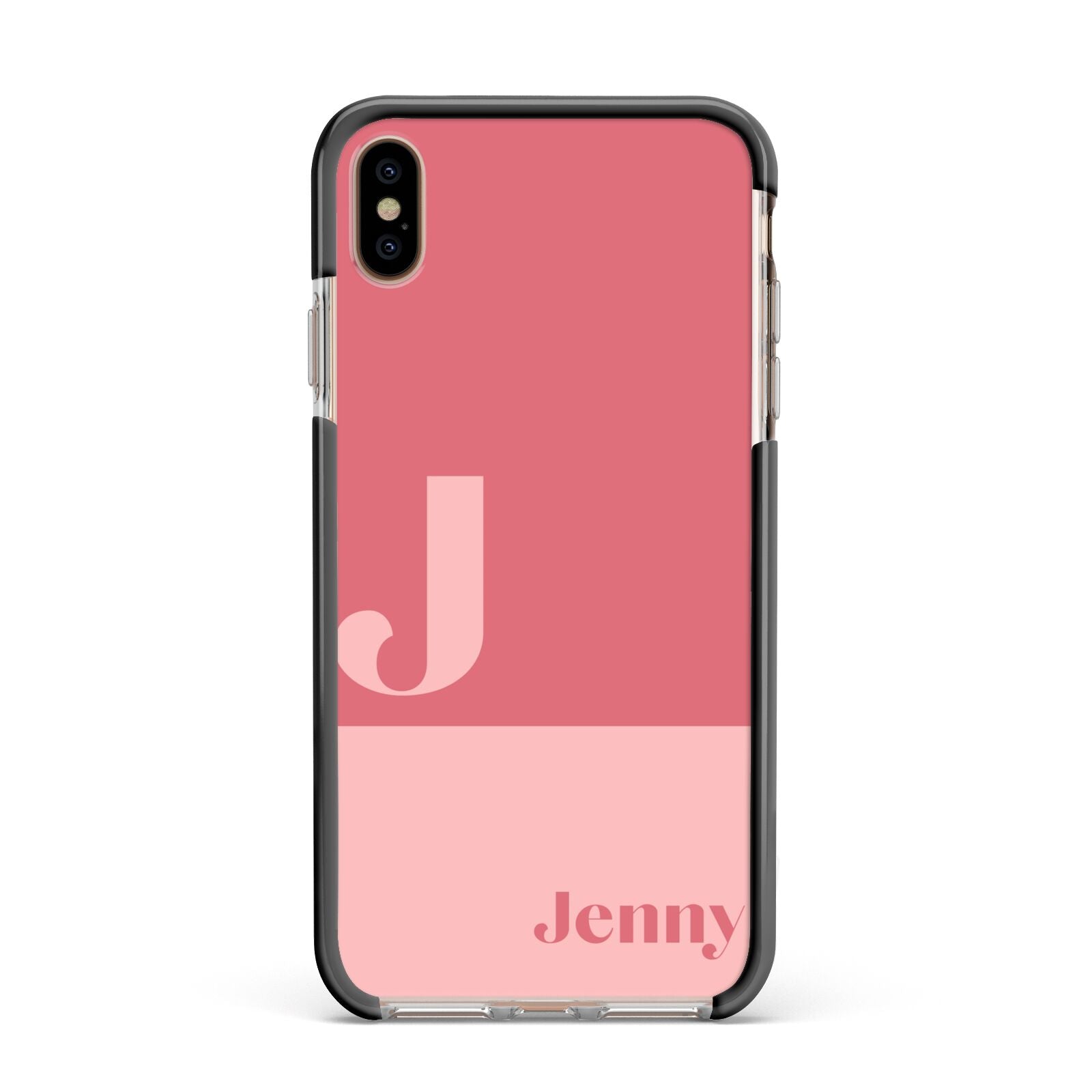 Contrast Personalised Pink Apple iPhone Xs Max Impact Case Black Edge on Gold Phone