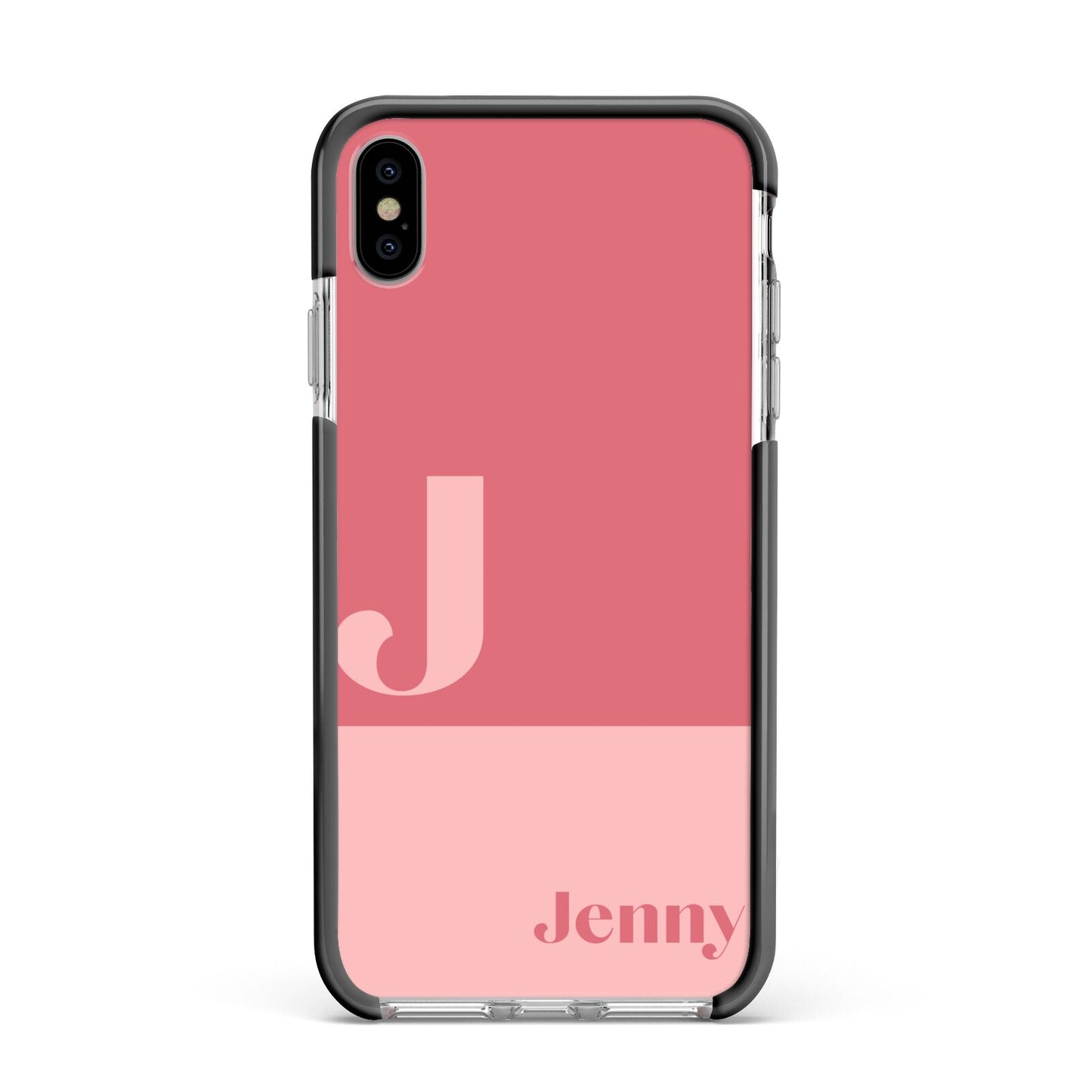 Contrast Personalised Pink Apple iPhone Xs Max Impact Case Black Edge on Silver Phone