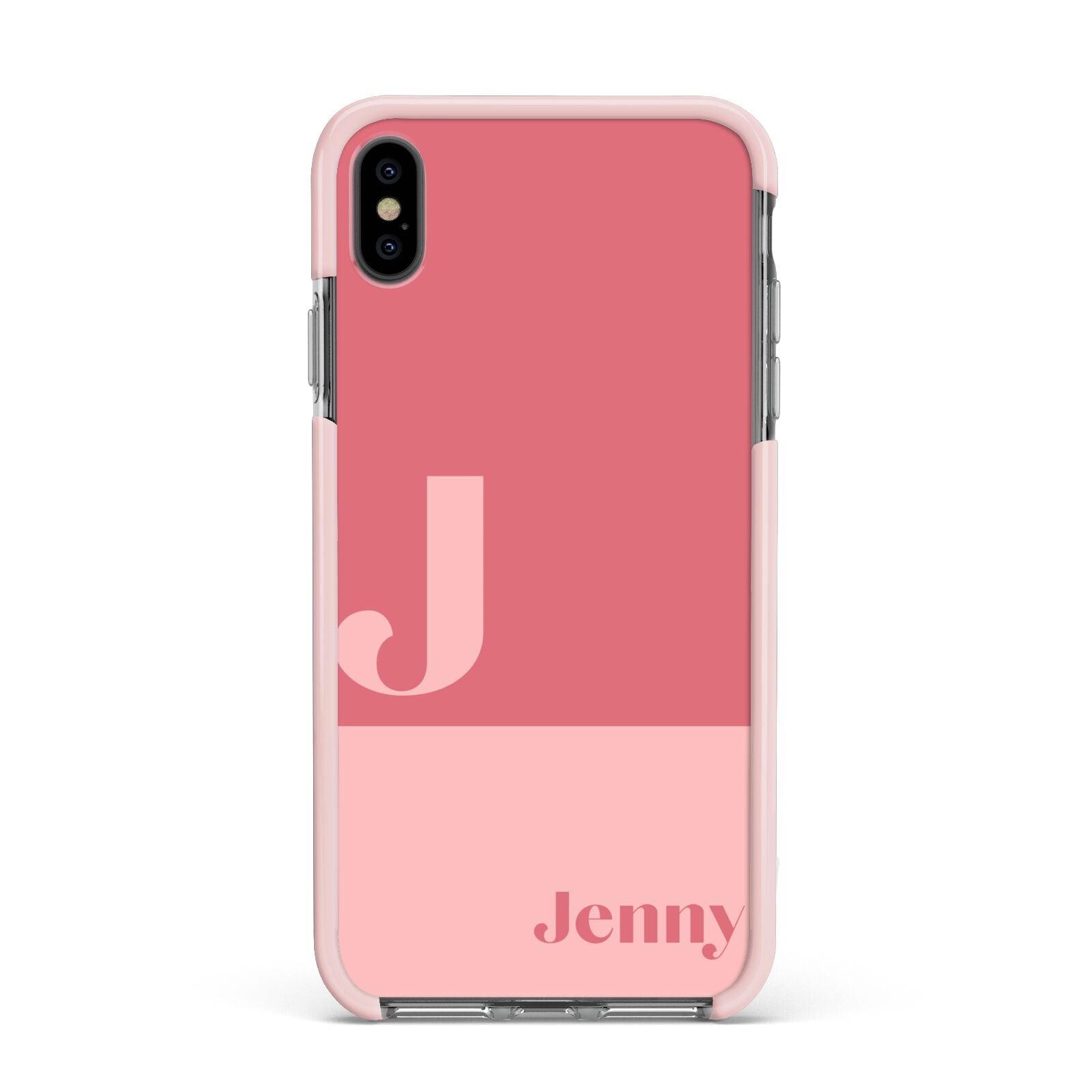 Contrast Personalised Pink Apple iPhone Xs Max Impact Case Pink Edge on Black Phone