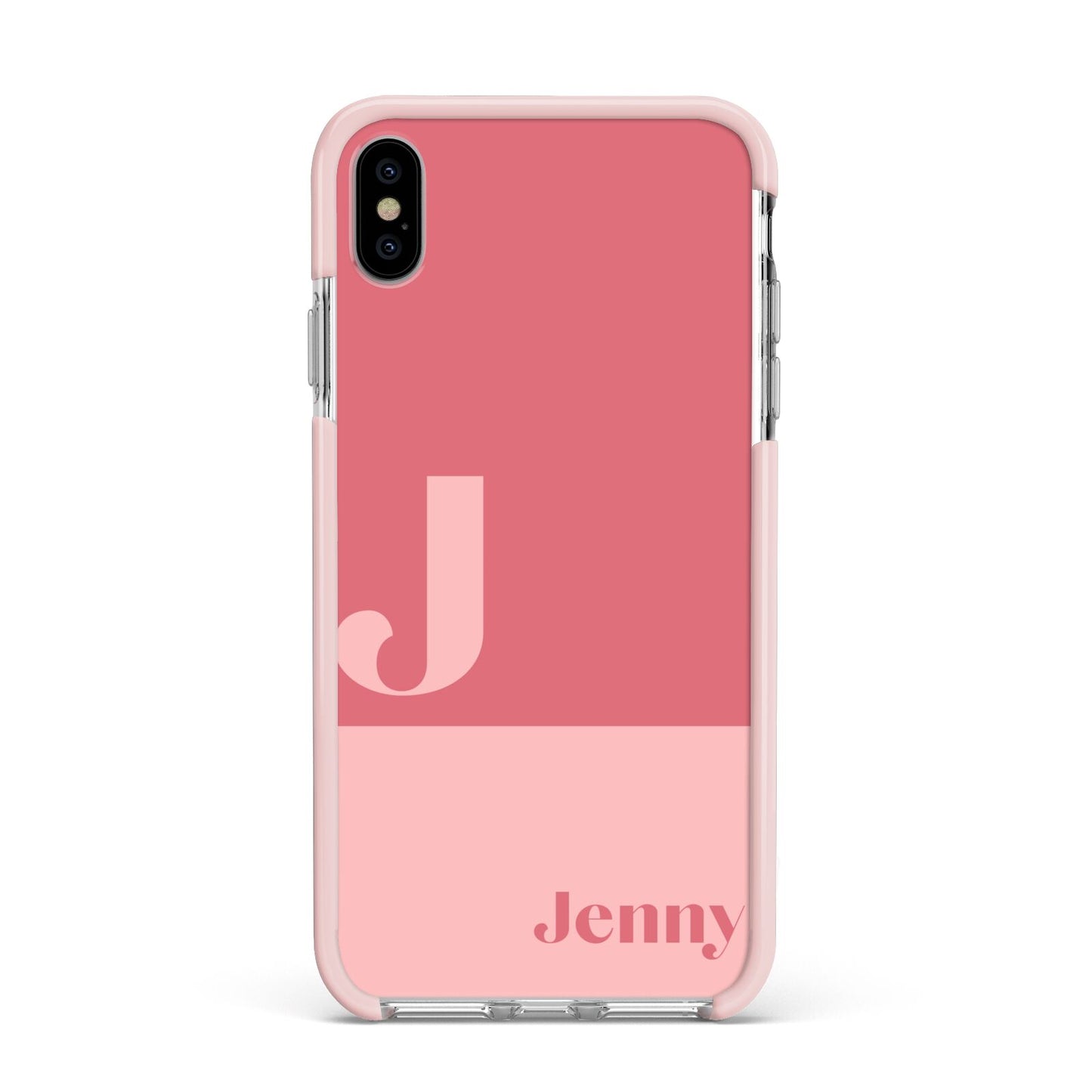 Contrast Personalised Pink Apple iPhone Xs Max Impact Case Pink Edge on Silver Phone