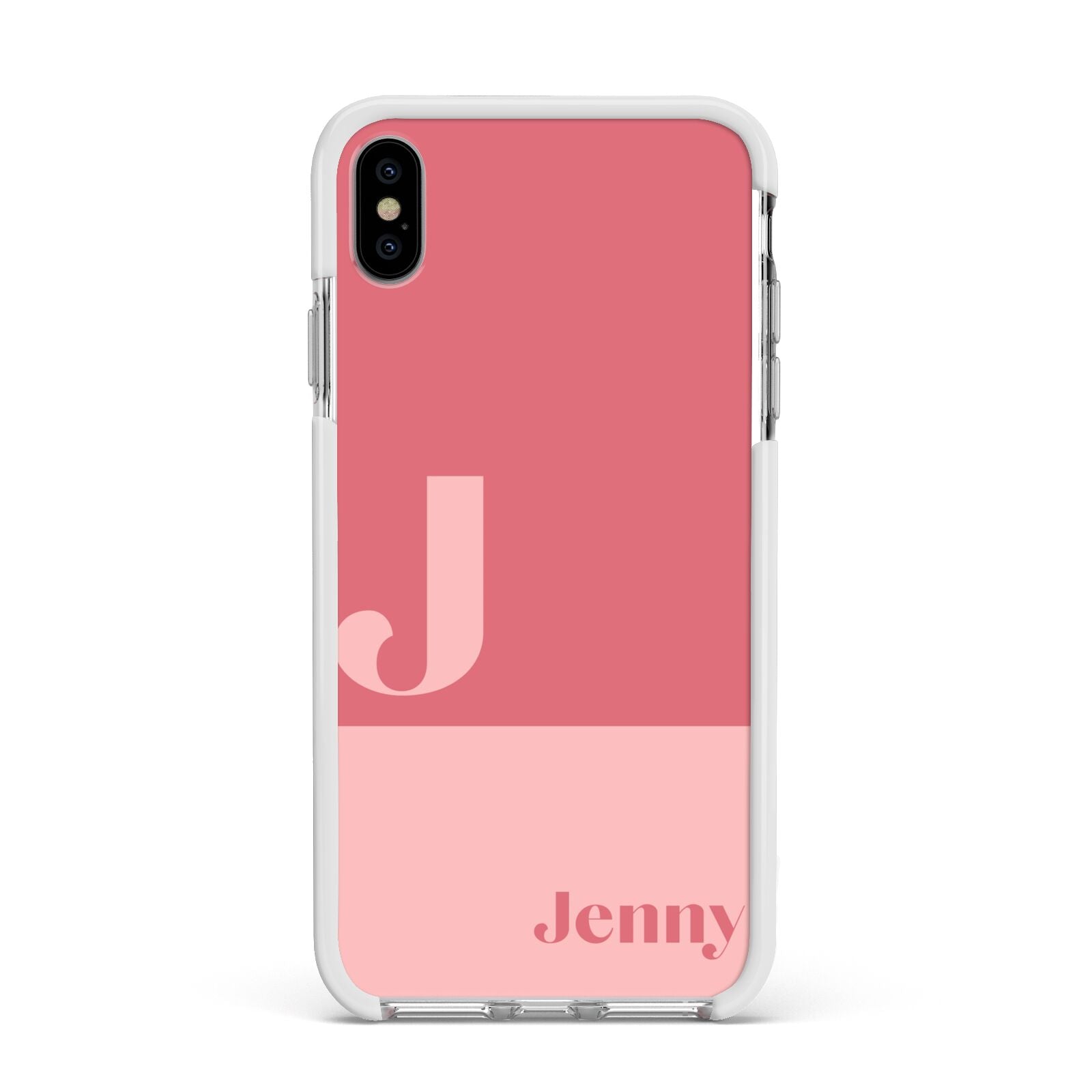 Contrast Personalised Pink Apple iPhone Xs Max Impact Case White Edge on Silver Phone