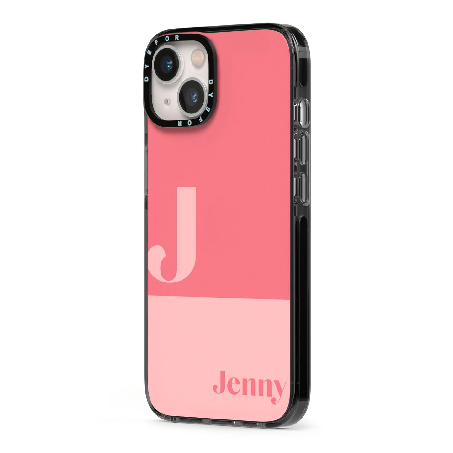Contrast Personalised Pink iPhone 13 Black Impact Case Side Angle on Silver phone