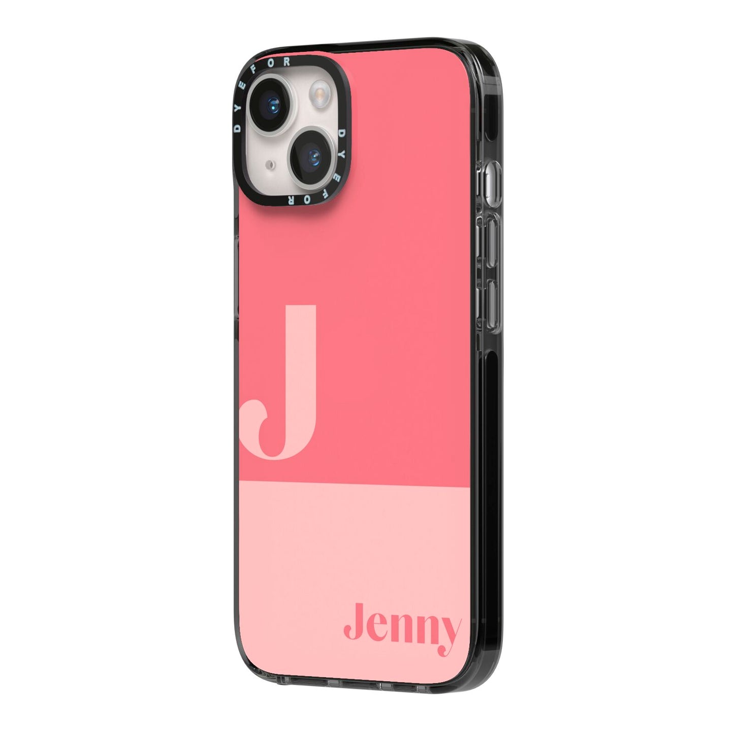 Contrast Personalised Pink iPhone 14 Black Impact Case Side Angle on Silver phone